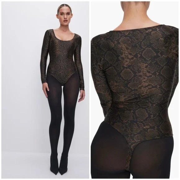 Good American Shine Python Scoop Neck Long Sleeve Bodysuit - Picture 1 of 14